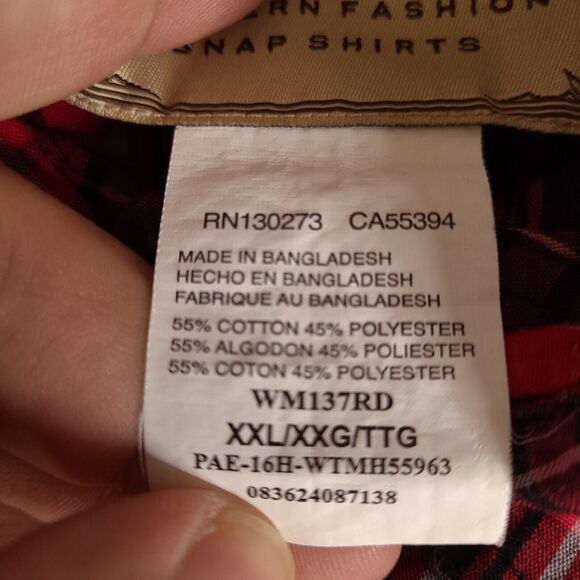 Wrangler Western Shirt Mens 2XL Red‎ Plaid Pearl Snap Flap Pockets Cowboy - Picture 14 of 15